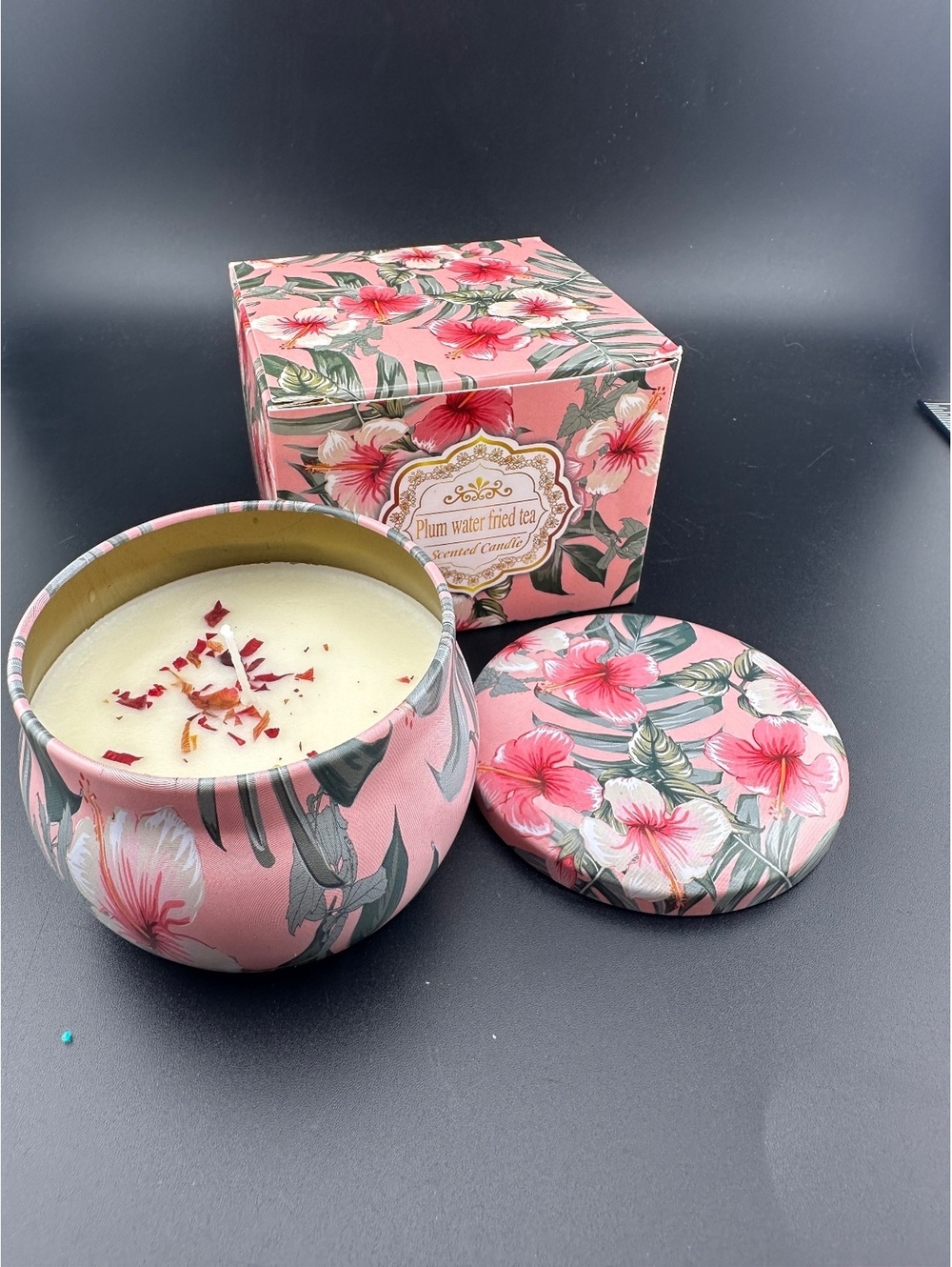 Plum Water Fried Tea Scented Jar Soy Candle with Floral Box